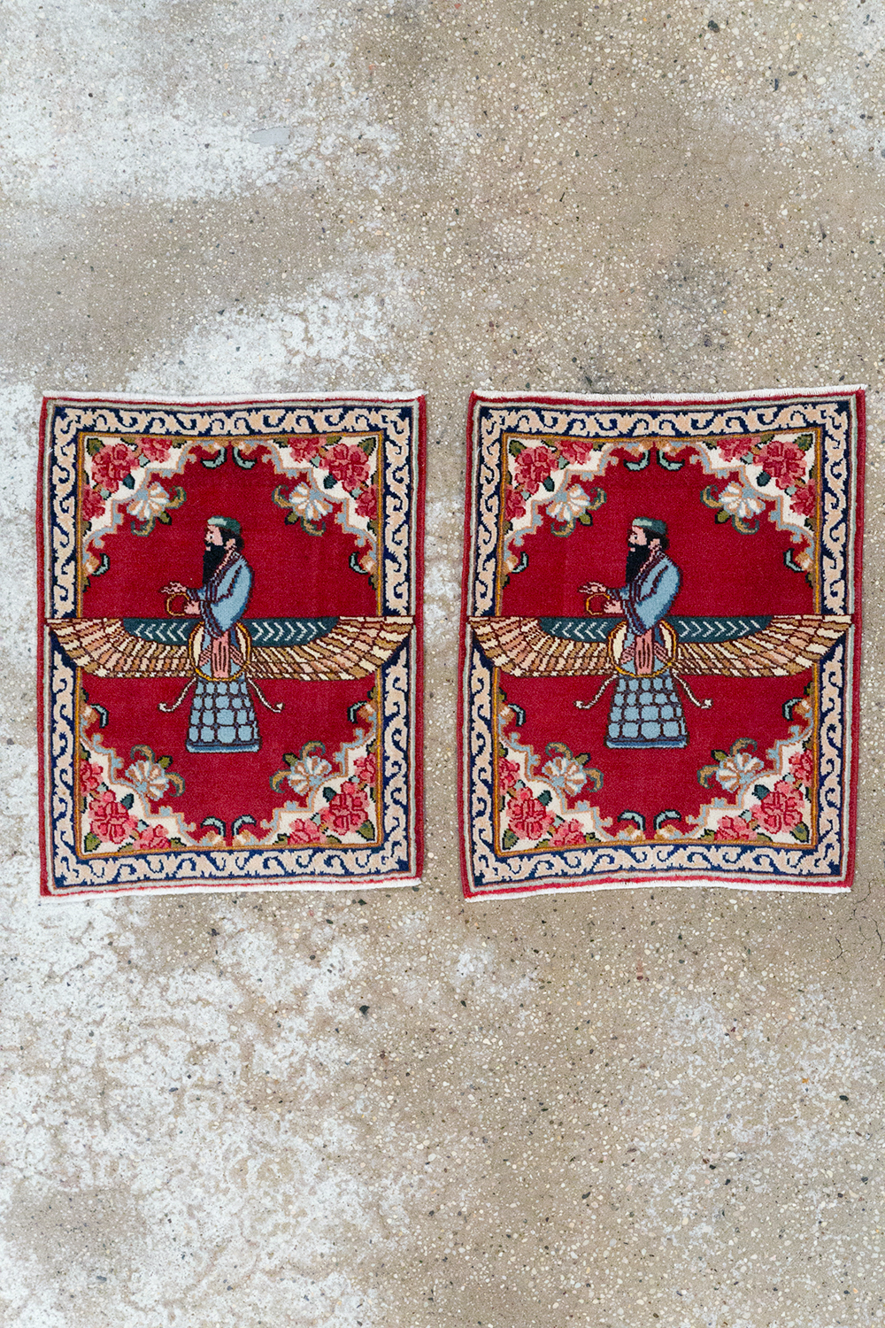 Vintage Persian Kerman Pictorial Throw Rug (Pair: 2 of 2), No.32109 - Staging