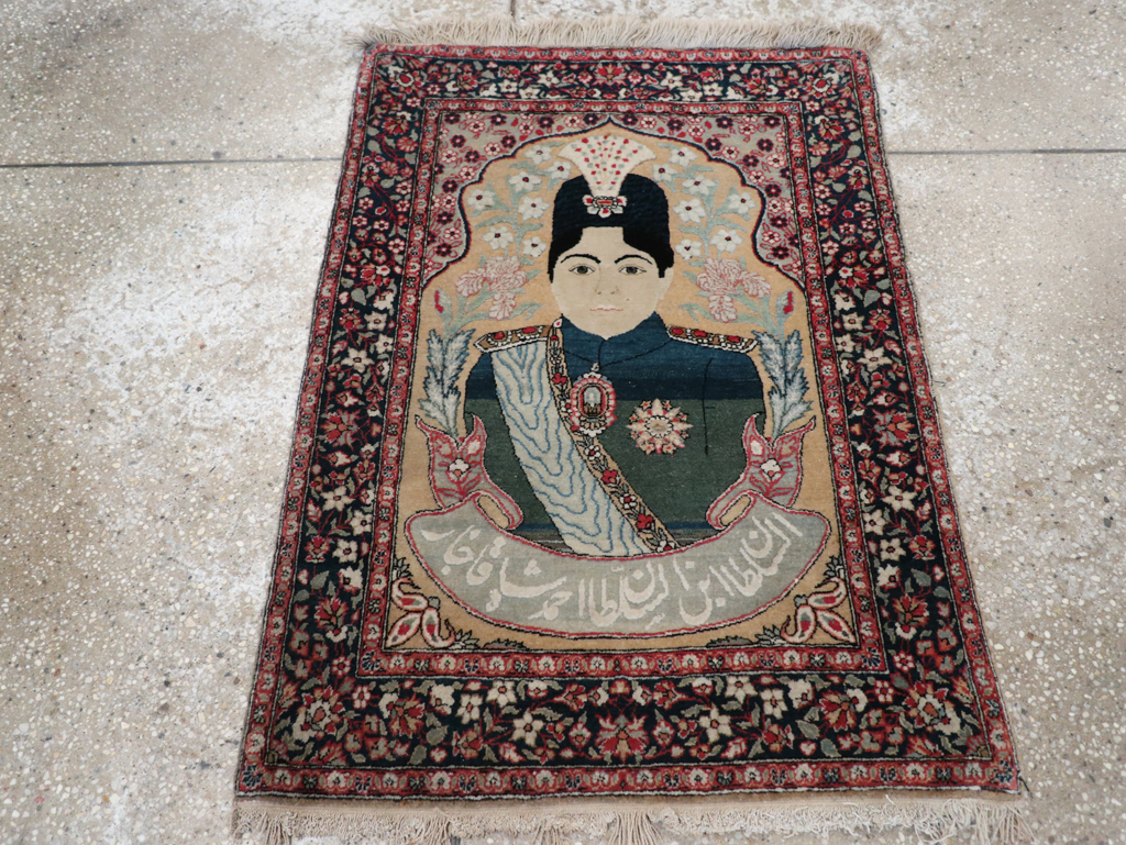 Antique Persian Pictorial Mohtasham Kashan Throw Rug, No.32361 - Staging