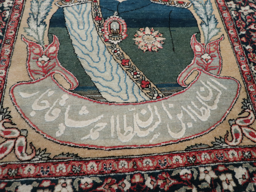 Antique Persian Pictorial Mohtasham Kashan Throw Rug, No.32361 - Staging
