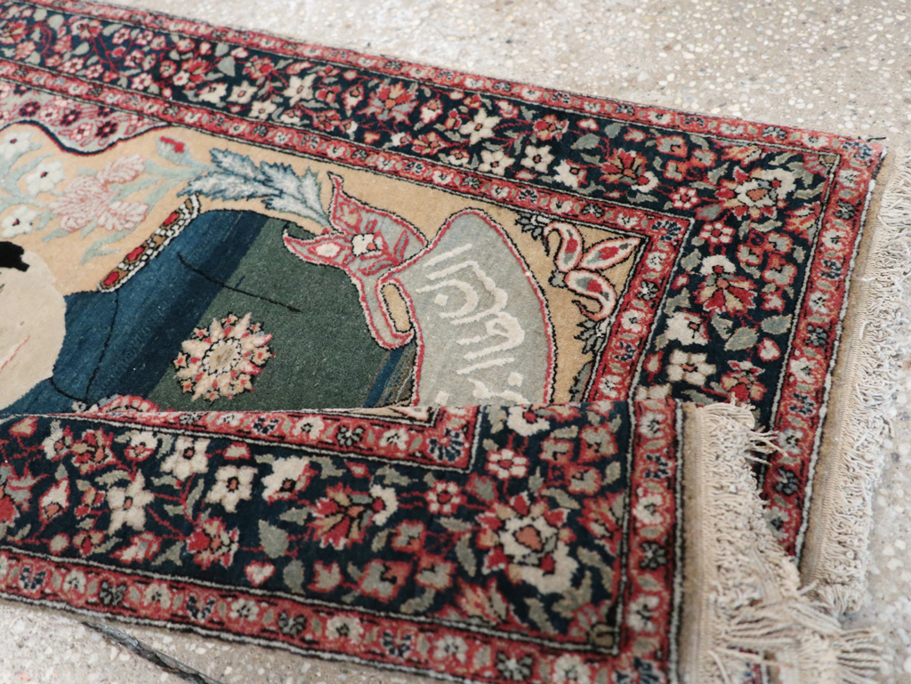 Antique Persian Pictorial Mohtasham Kashan Throw Rug, No.32361 - Staging