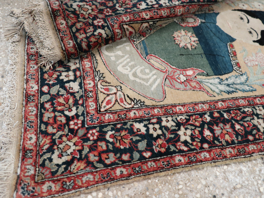 Antique Persian Pictorial Mohtasham Kashan Throw Rug, No.32361 - Staging
