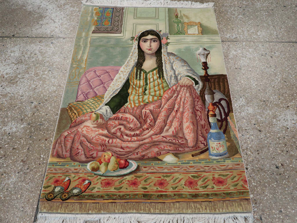 Vintage Persian Tabriz Pictorial Throw Rug (Pair: 1 of 2), No.32417 - Staging