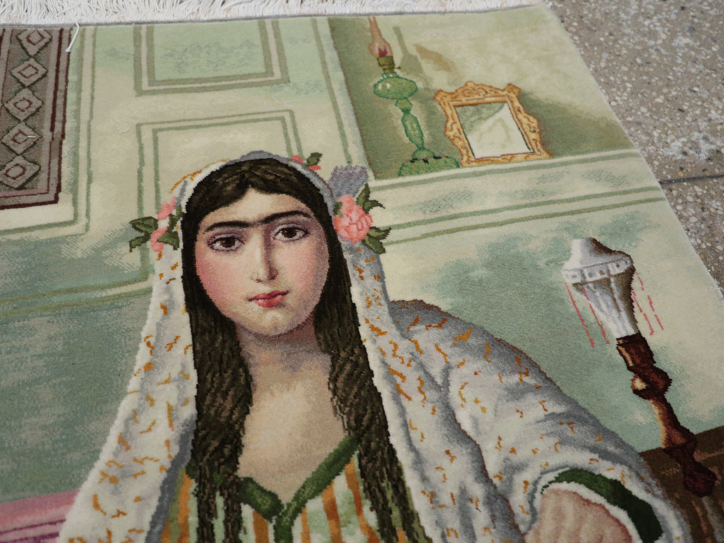 Vintage Persian Tabriz Pictorial Throw Rug, No.32417 - Staging