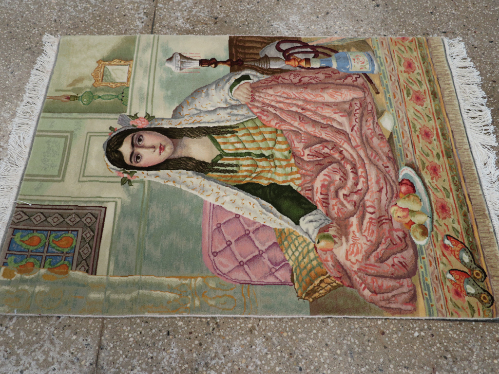 Vintage Persian Tabriz Pictorial Throw Rug (Pair: 1 of 2), No.32417 - Staging