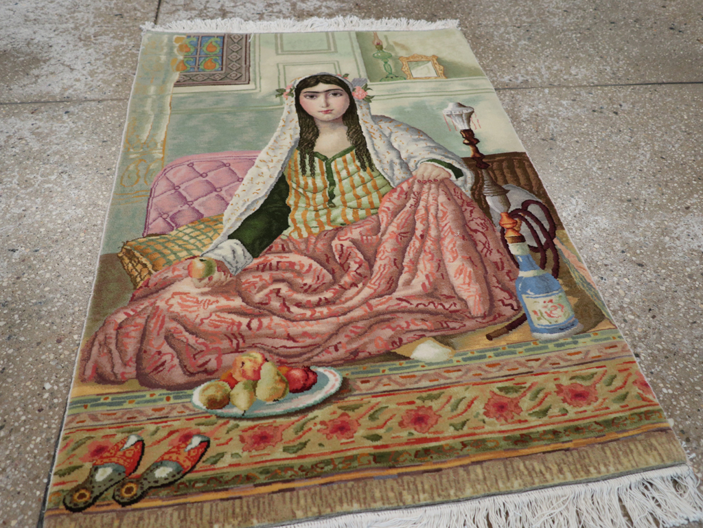 Vintage Persian Tabriz Pictorial Throw Rug, No.32417 - Staging