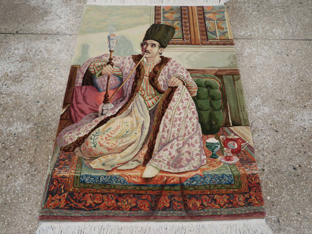 Vintage Persian Tabriz Pictorial Throw Rug, No.32418 - Staging