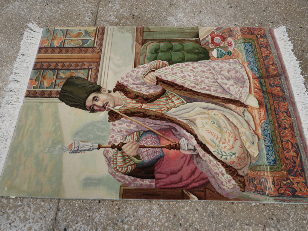 Vintage Persian Tabriz Pictorial Throw Rug, No.32418 - Staging