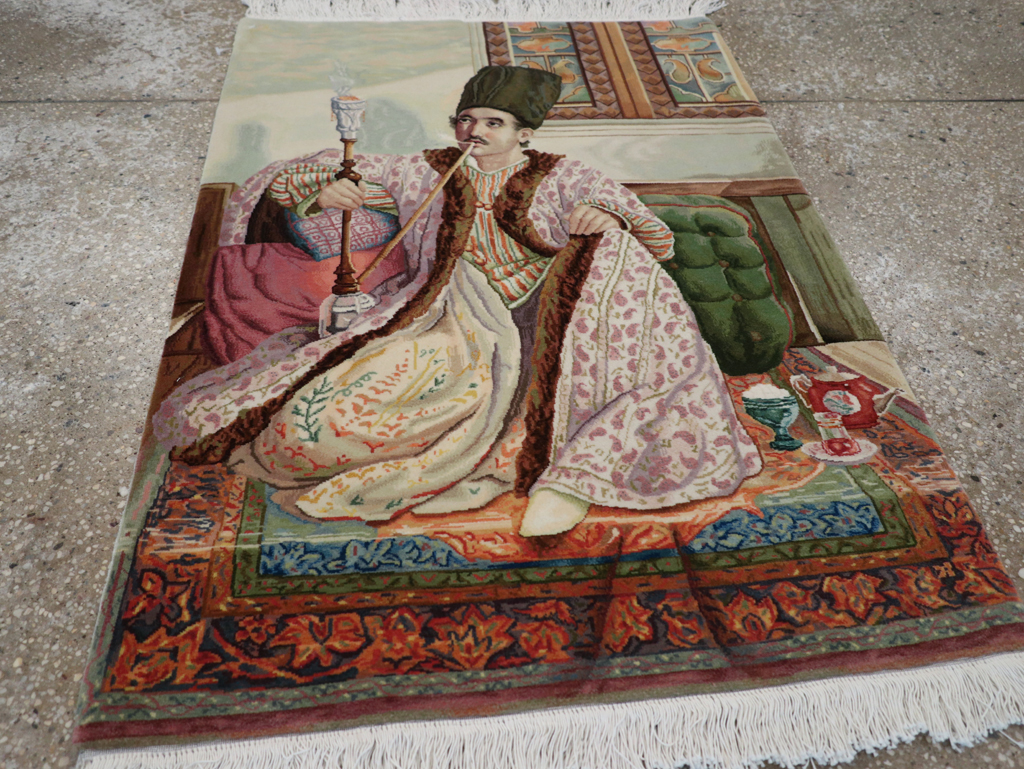 Vintage Persian Tabriz Pictorial Throw Rug, No.32418 - Staging