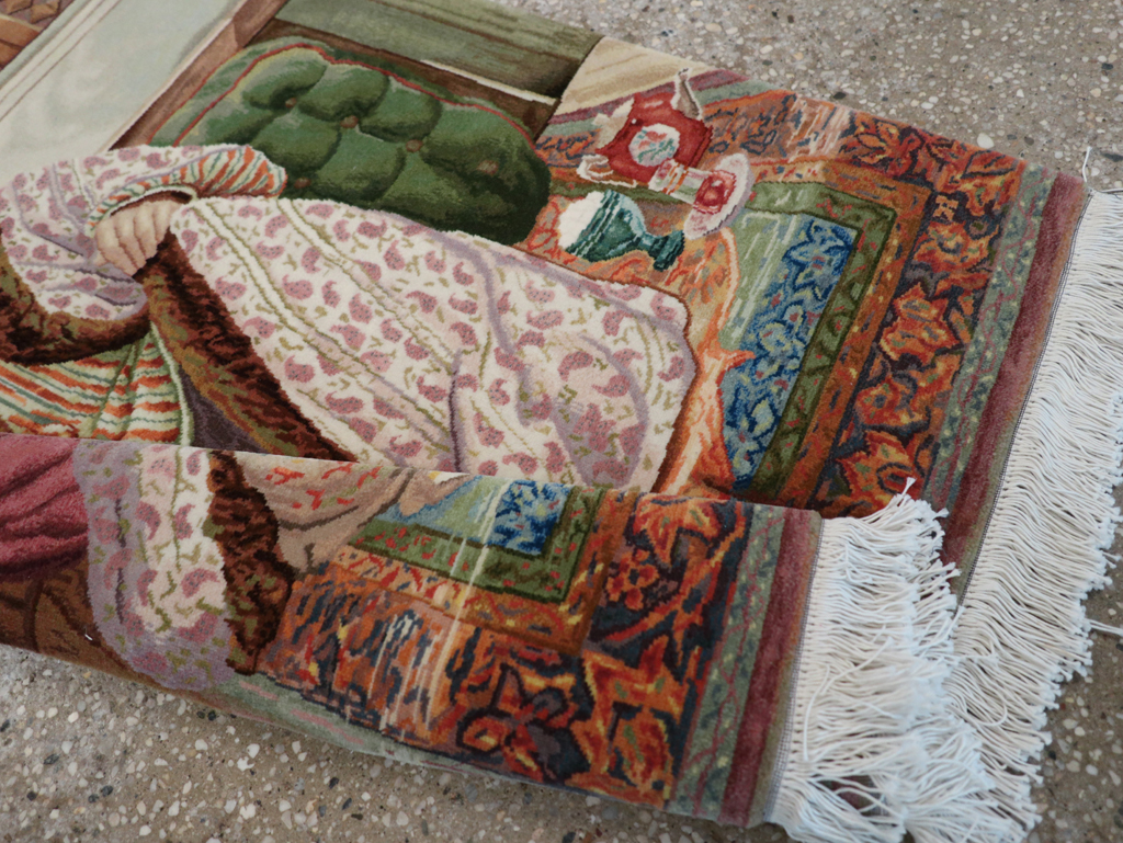 Vintage Persian Tabriz Pictorial Throw Rug (Pair: 2 of 2), No.32418 - Staging