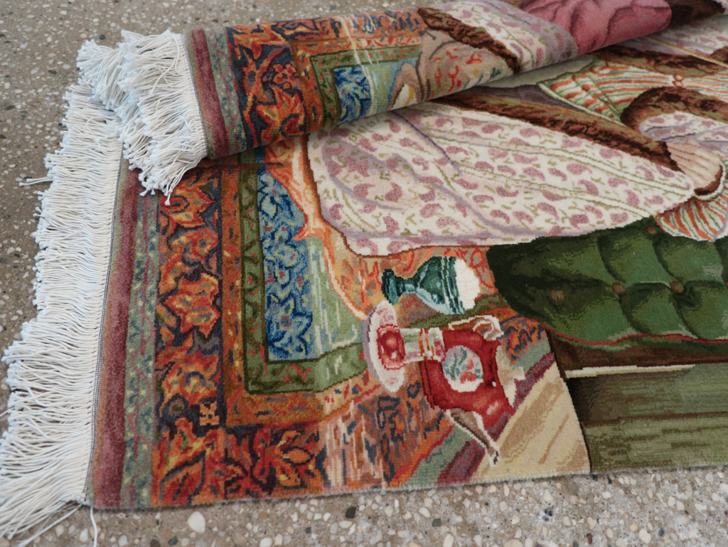 Vintage Persian Tabriz Pictorial Throw Rug (Pair: 2 of 2), No.32418 - Staging