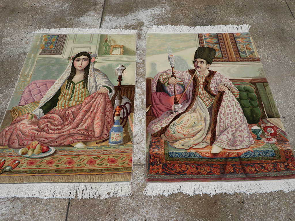 Vintage Persian Tabriz Pictorial Throw Rug (Pair: 2 of 2), No.32418 - Staging