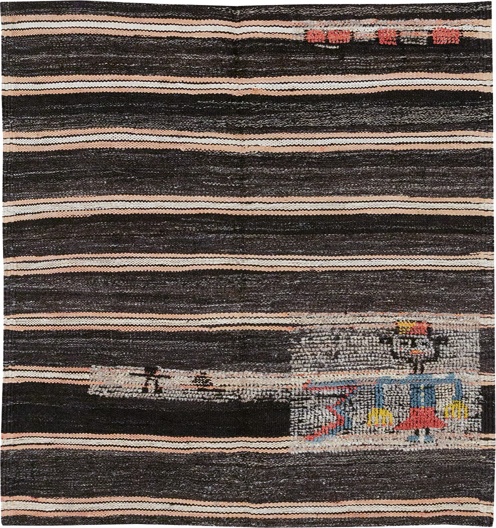 Vintage Persian Flatweave Kilim Pictorial Throw Rug, No.32428 - Staging