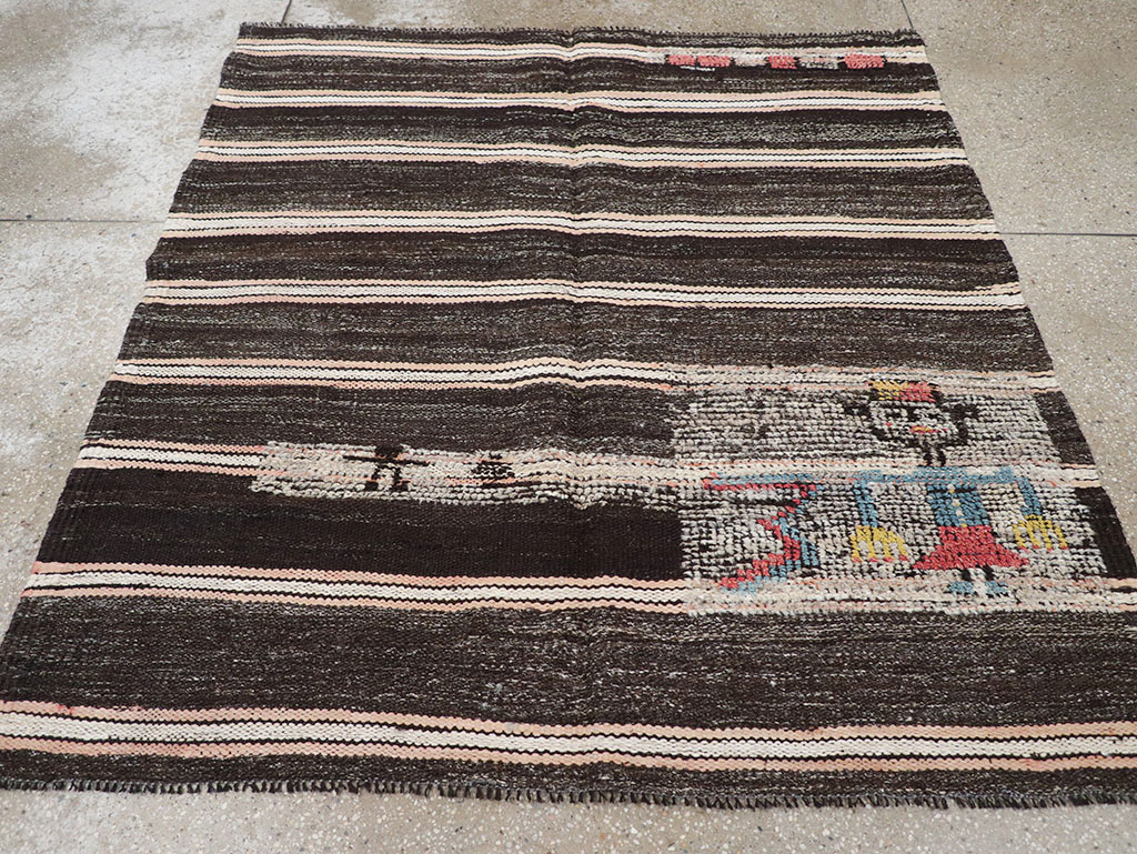 Vintage Persian Flatweave Kilim Pictorial Throw Rug, No.32428 - Staging
