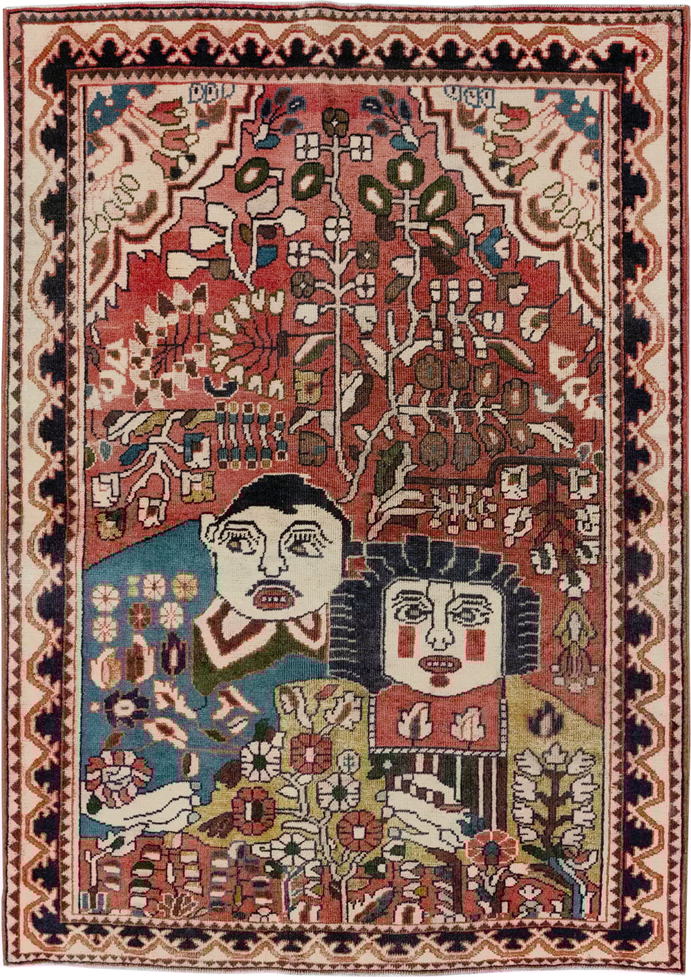 Vintage Persian Mahal Pictorial Throw Rug, No.32595 - Staging