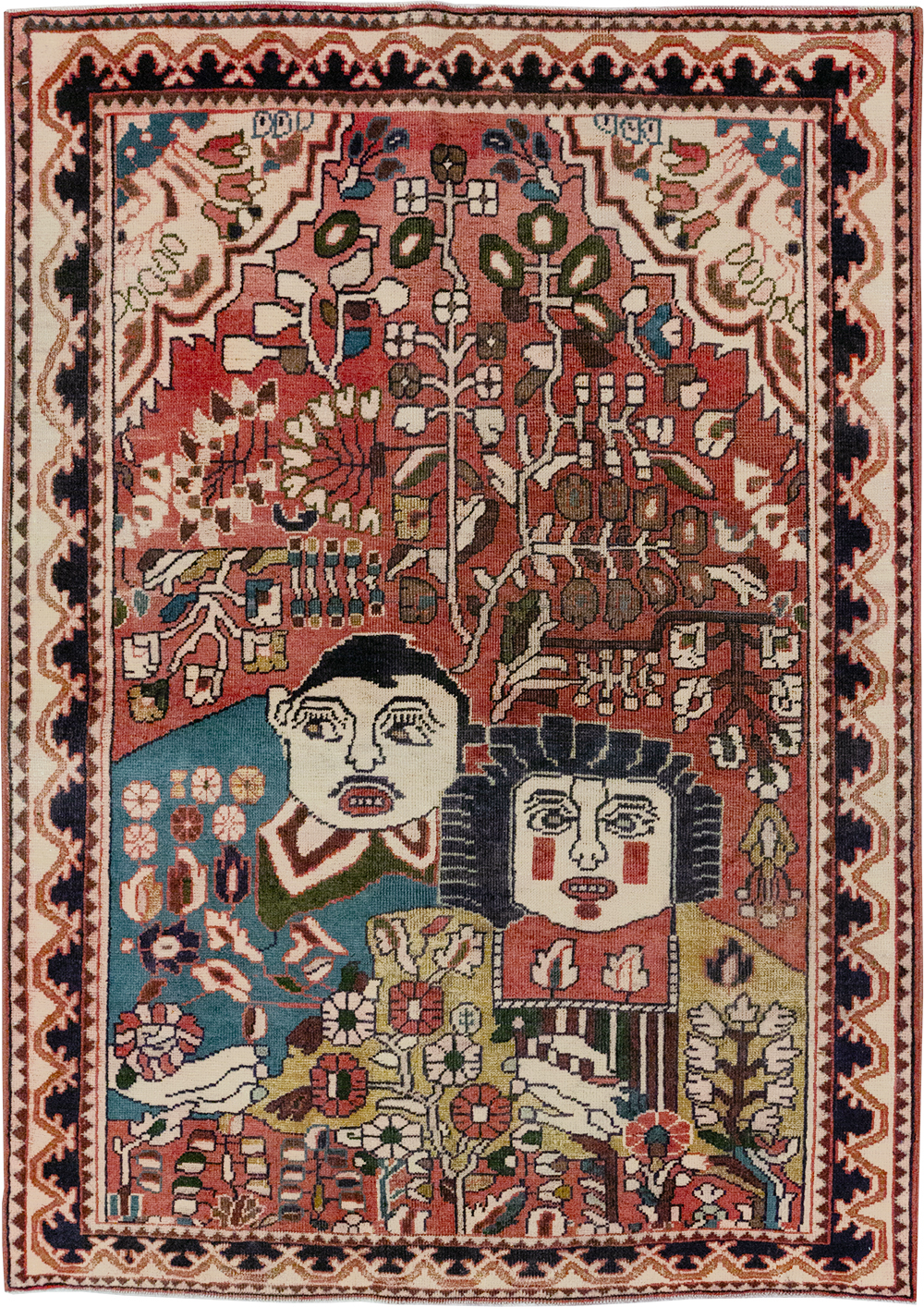 Vintage Persian Mahal Pictorial Throw Rug, No.32595 - Staging