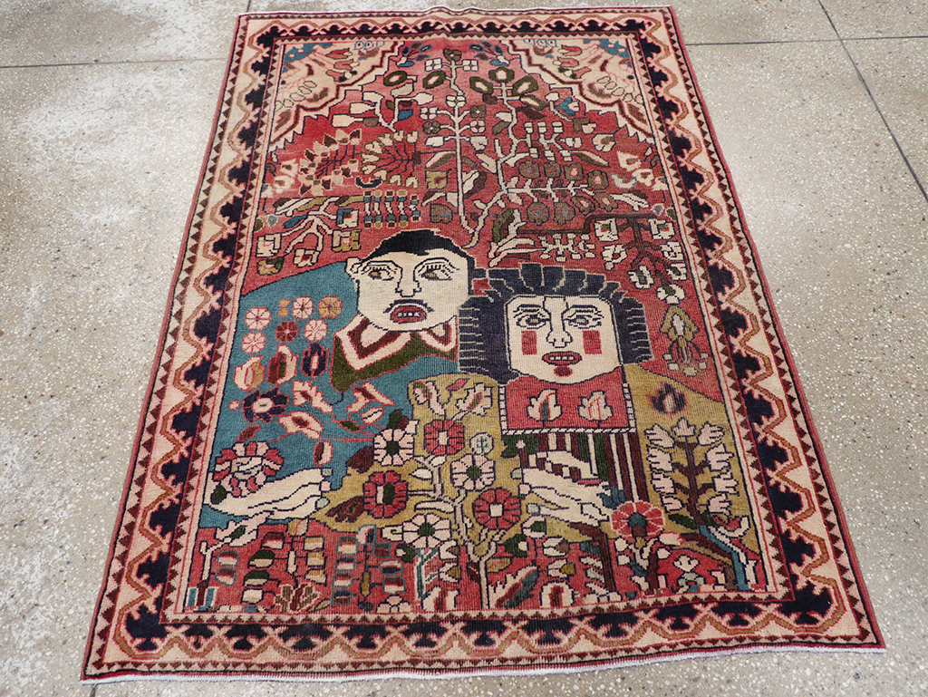 Vintage Persian Mahal Pictorial Throw Rug, No.32595 - Staging