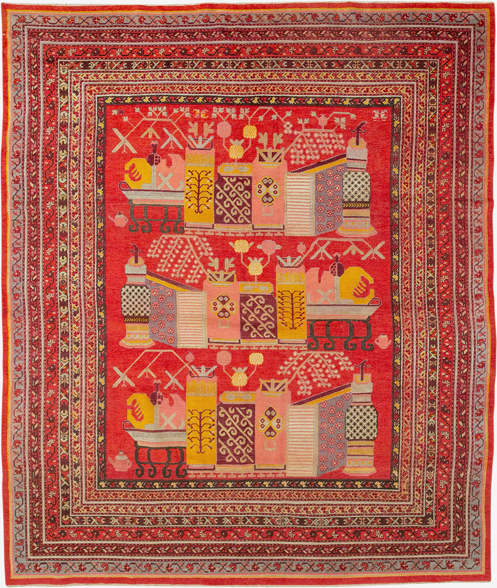 Antique East Turkestan Pictorial Vase Khotan Room Size Carpet, No.32925 - Staging