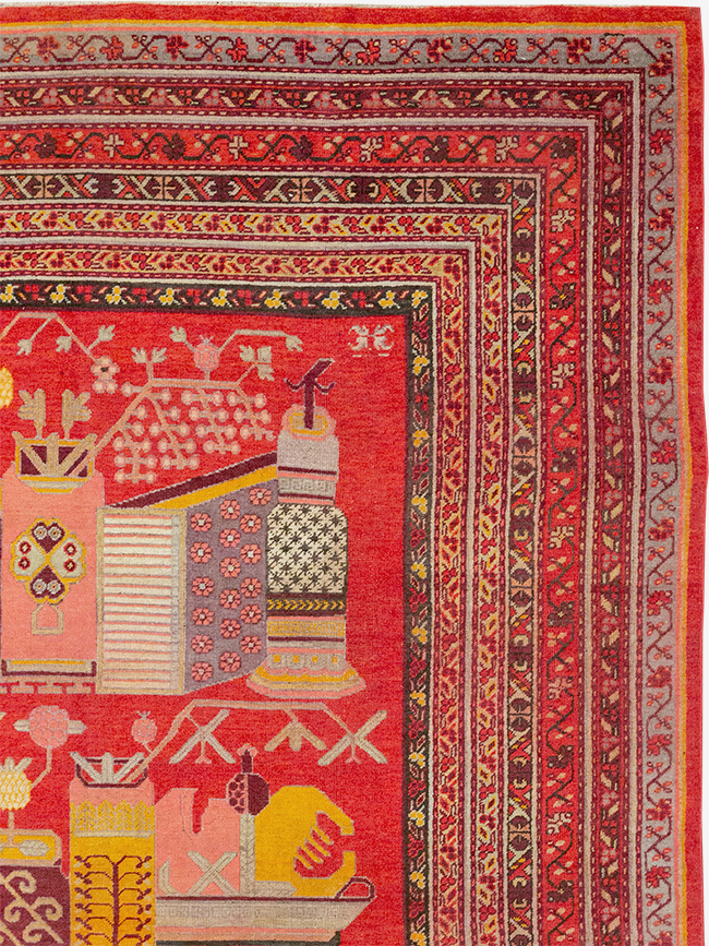 Antique East Turkestan Pictorial Vase Khotan Room Size Carpet, No.32925 - Staging