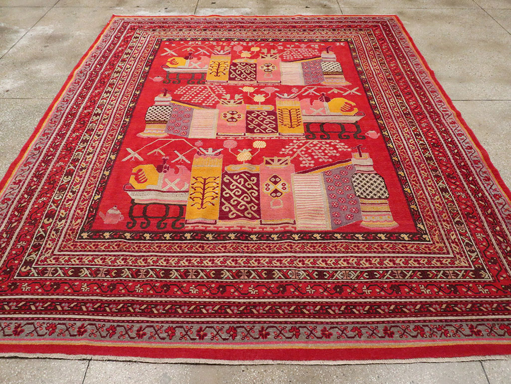 Antique East Turkestan Pictorial Vase Khotan Room Size Carpet, No.32925 - Staging