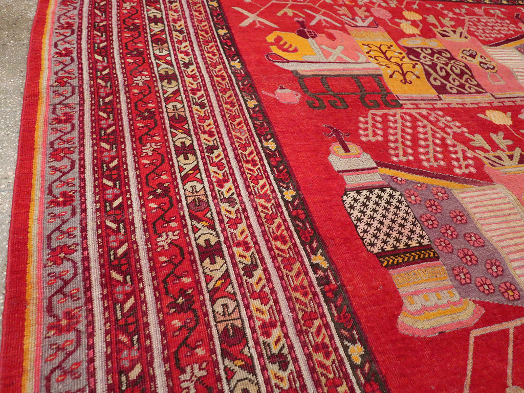 Antique East Turkestan Pictorial Vase Khotan Room Size Carpet, No.32925 - Staging