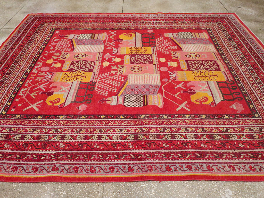 Antique East Turkestan Khotan Pictorial Room Size Carpet, No.32925 - Staging