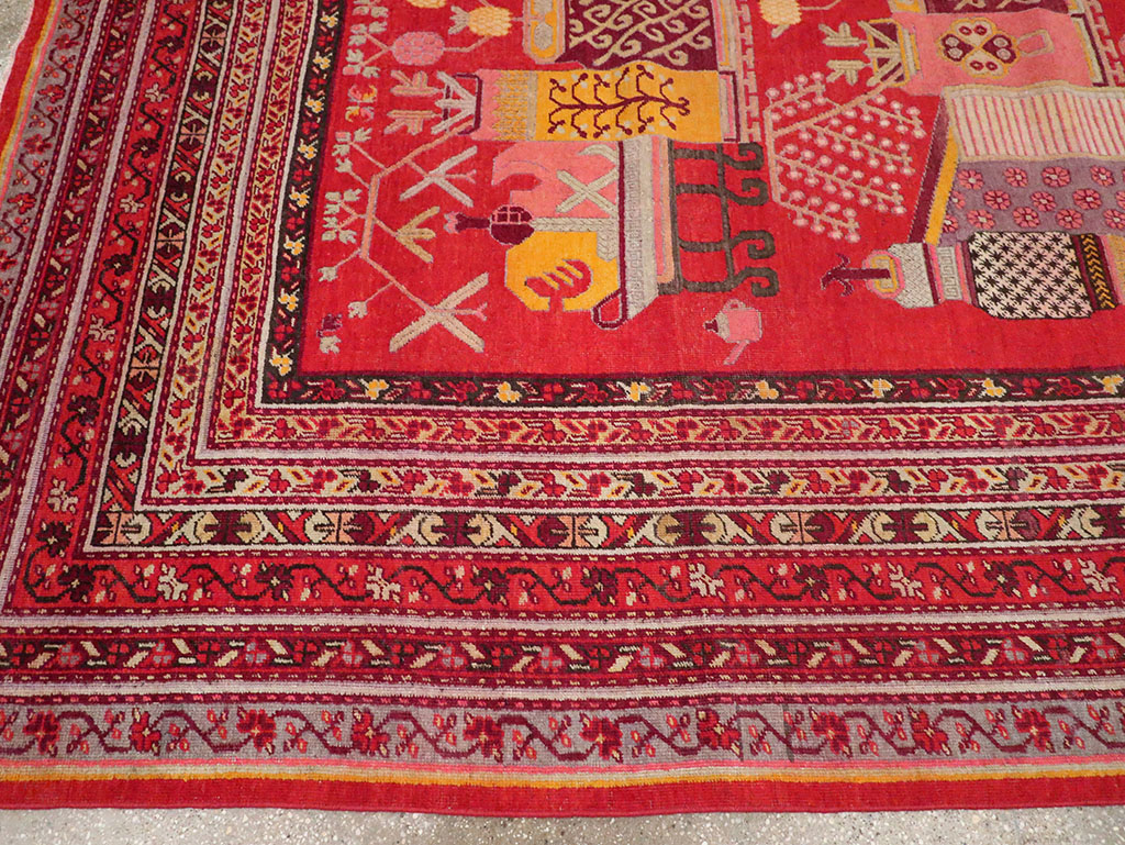 Antique East Turkestan Pictorial Vase Khotan Room Size Carpet, No.32925 - Staging