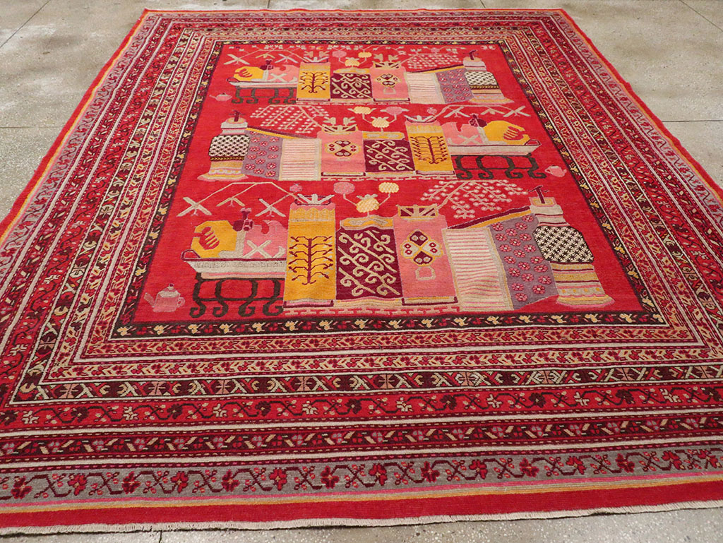 Antique East Turkestan Pictorial Vase Khotan Room Size Carpet, No.32925 - Staging