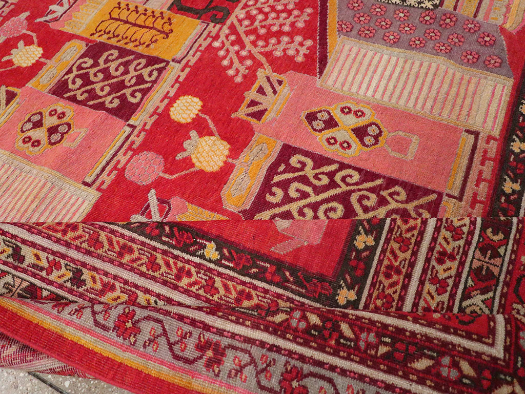 Antique East Turkestan Khotan Pictorial Room Size Carpet, No.32925 - Staging