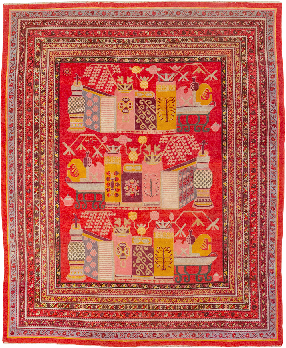 Antique East Turkestan Pictorial Vase Khotan Room Size Carpet, No.32926 - Staging