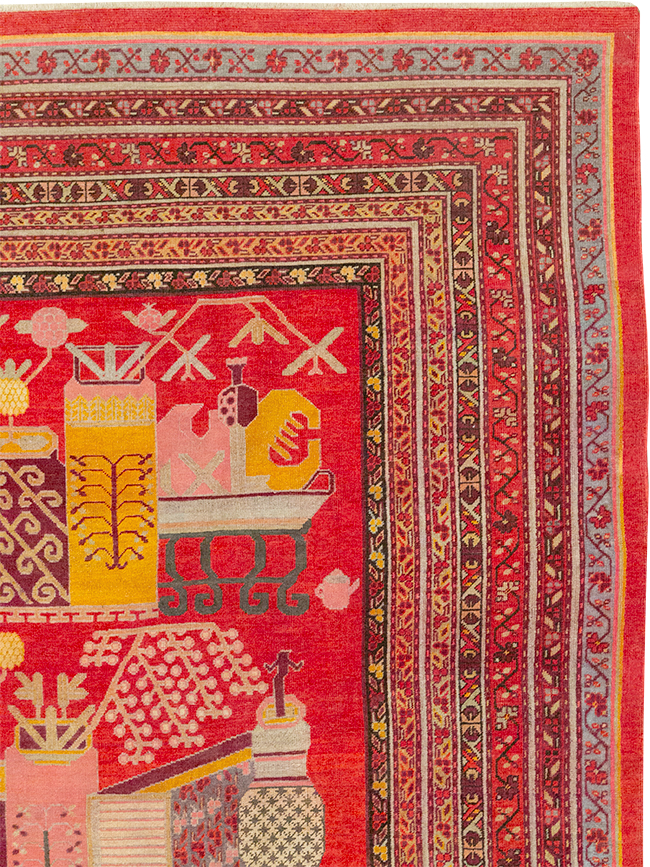 Antique East Turkestan Pictorial Vase Khotan Room Size Carpet, No.32926 - Staging