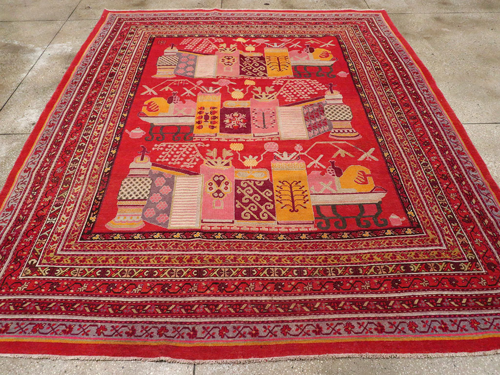 Antique East Turkestan Khotan Pictorial Room Size Carpet, No.32926 - Staging