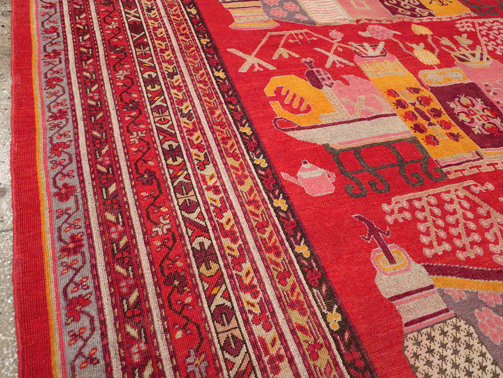 Antique East Turkestan Pictorial Vase Khotan Room Size Carpet, No.32926 - Staging