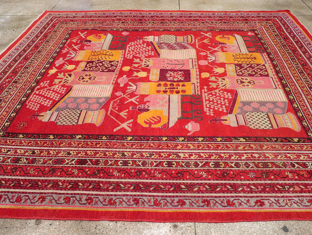 Antique East Turkestan Pictorial Vase Khotan Room Size Carpet, No.32926 - Staging
