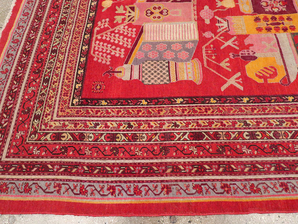 Antique East Turkestan Pictorial Vase Khotan Room Size Carpet, No.32926 - Staging