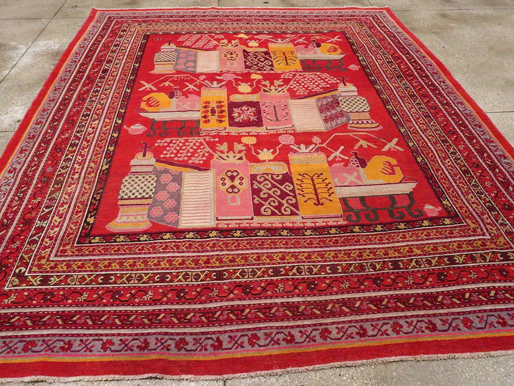 Antique East Turkestan Pictorial Vase Khotan Room Size Carpet, No.32926 - Staging