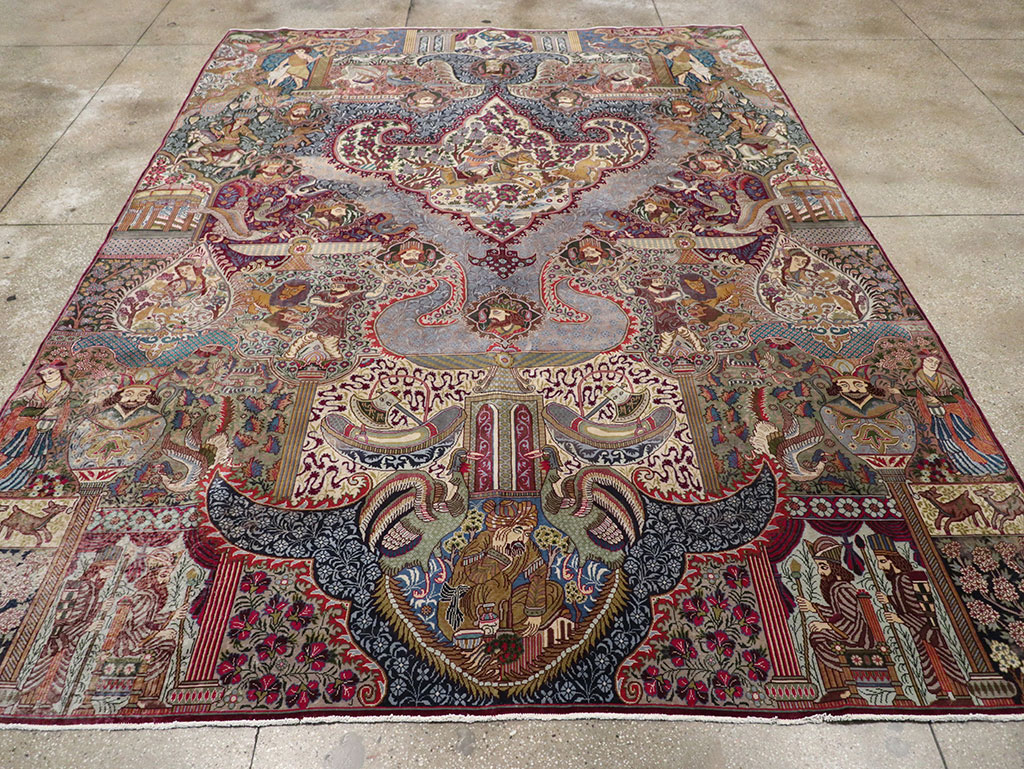 Vintage Persian Mashad Pictorial Room Size Carpet, No.32941 - Staging
