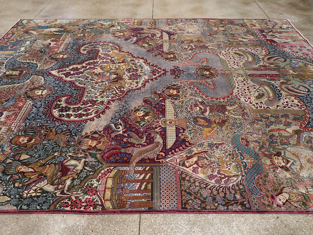 Vintage Persian Mashad Pictorial Room Size Carpet, No.32941 - Staging