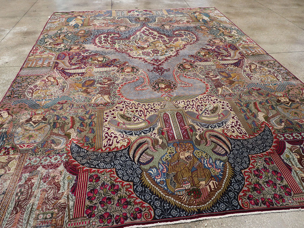 Vintage Persian Mashad Pictorial Room Size Carpet, No.32941 - Staging