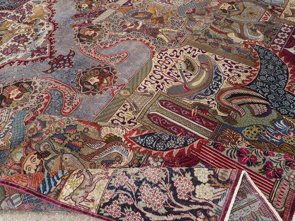 Vintage Persian Mashad Pictorial Room Size Carpet, No.32941 - Staging