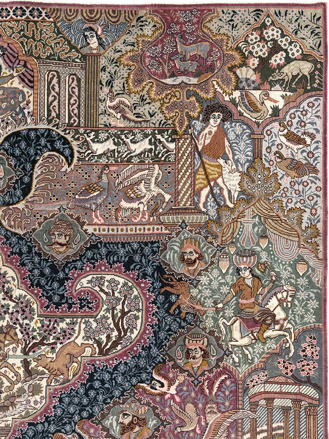 Vintage Persian Mashad Pictorial Room Size Carpet, No.32942 - Staging