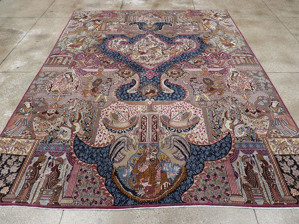 Vintage Persian Mashad Pictorial Room Size Carpet, No.32942 - Staging