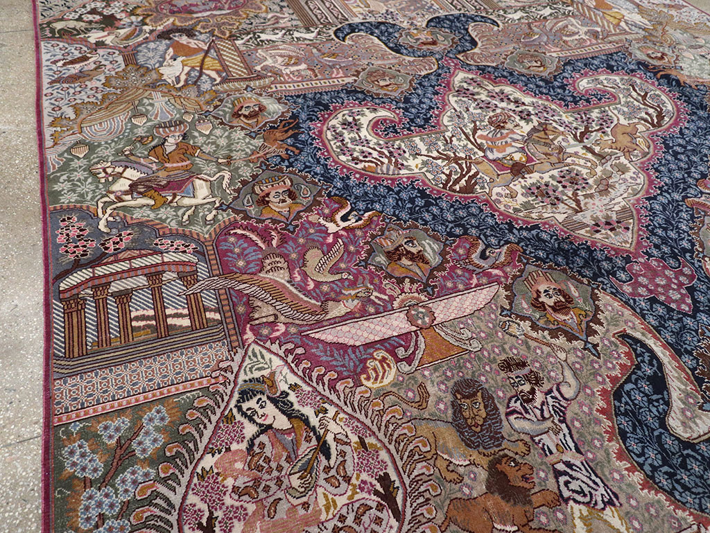 Vintage Persian Mashad Pictorial Room Size Carpet, No.32942 - Staging