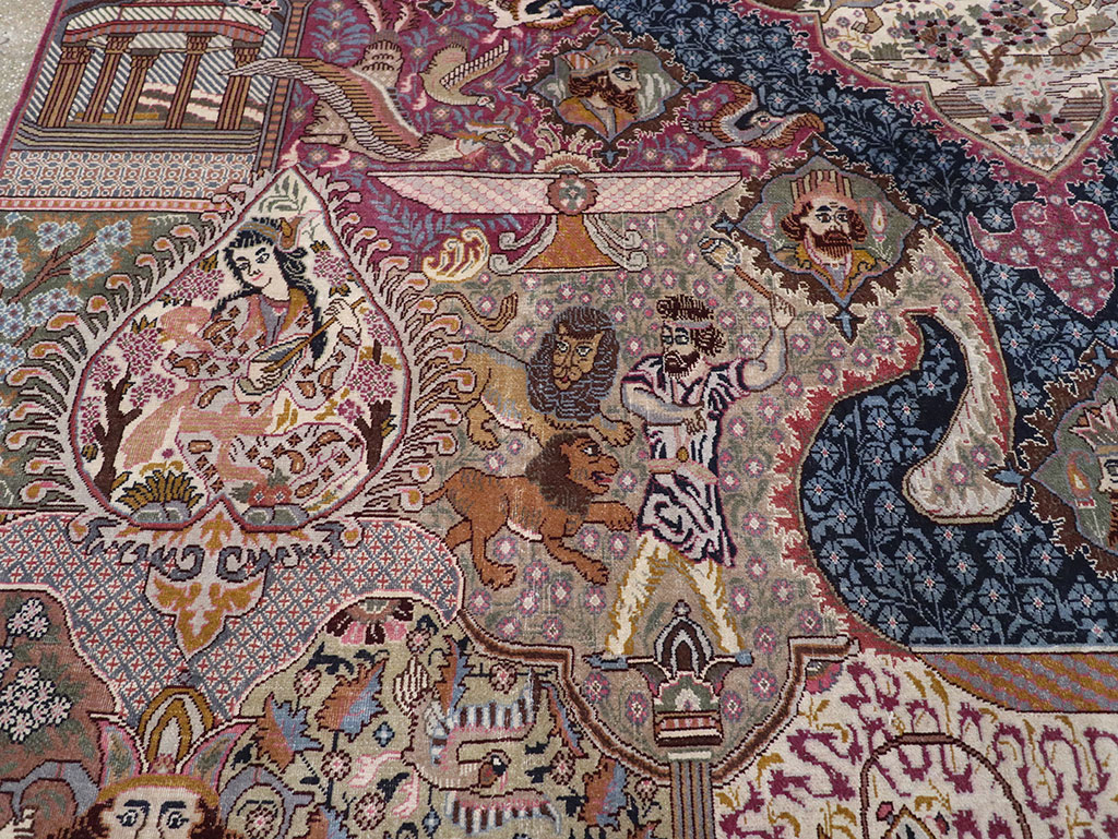 Vintage Persian Mashad Pictorial Room Size Carpet, No.32942 - Staging