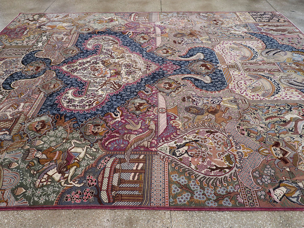 Vintage Persian Mashad Pictorial Room Size Carpet, No.32942 - Staging