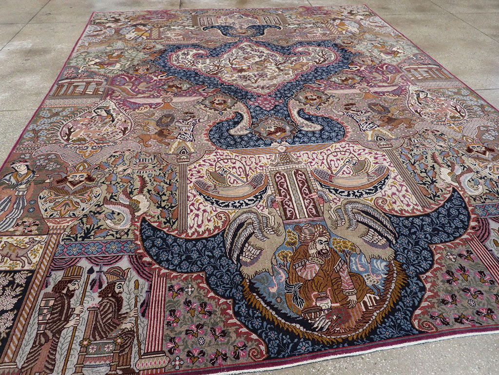 Vintage Persian Mashad Pictorial Room Size Carpet, No.32942 - Staging