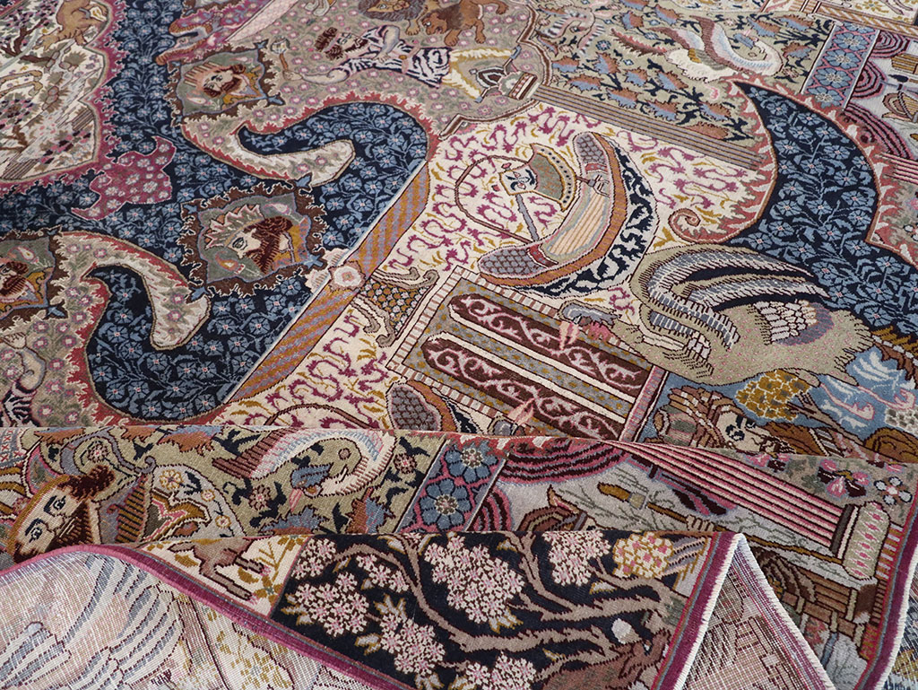 Vintage Persian Mashad Pictorial Room Size Carpet, No.32942 - Staging