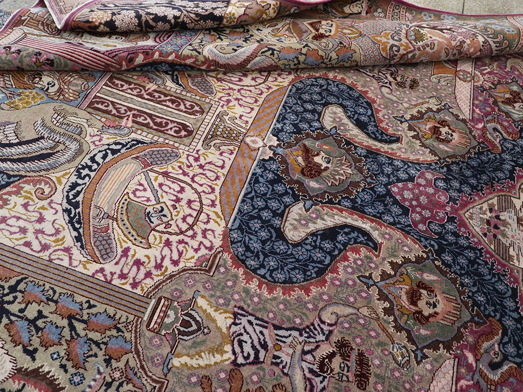 Vintage Persian Mashad Pictorial Room Size Carpet, No.32942 - Staging