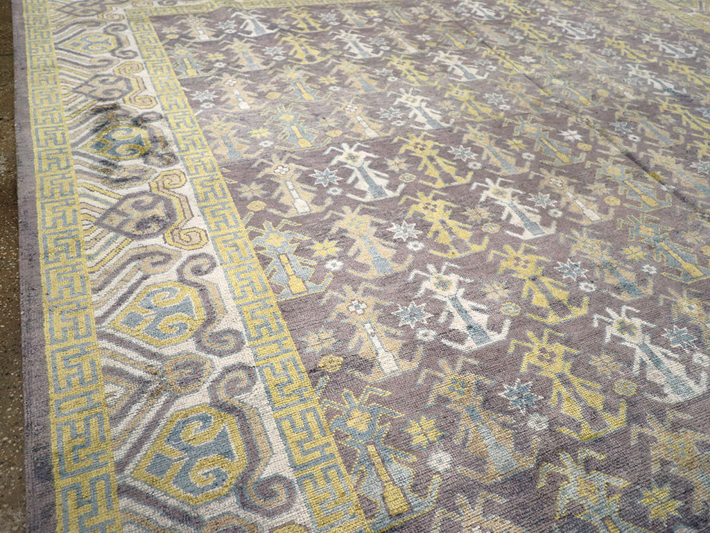 Modern East Turkestan Silk Khotan Room Size Carpet, No.33229 - Staging
