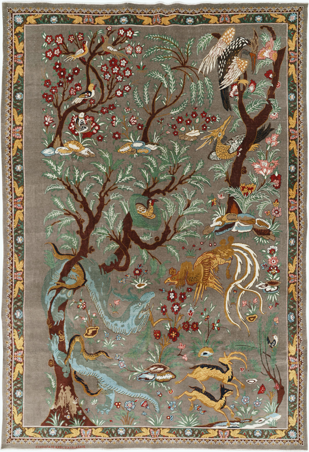 Vintage Persian Mashad Pictorial Room Size Carpet, No.33361 - Staging