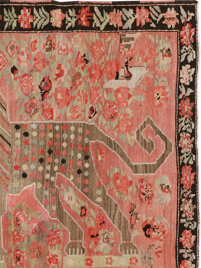 Vintage Caucasian Karabagh Pictorial Accent Rug, No.33421 - Staging